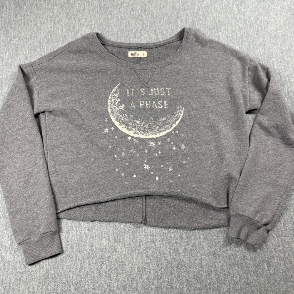 Hollister Sweatshirt Womens Large Gray Crop Raw Hem Moon‎ Graphic Pullover